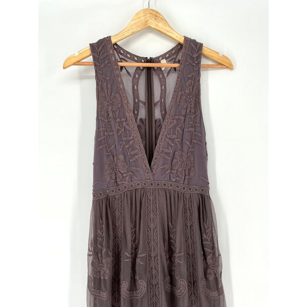 Wishlist Womens S Embroidered Mesh Maxi Dress Brown Boho Plunge Lined Festival - Picture 3 of 12